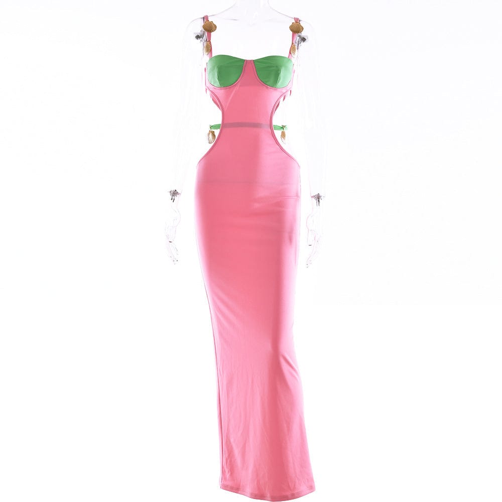 S / Pink New contrasting color patchwork halter strap Backless A-line dress popular in autumn sexy for women