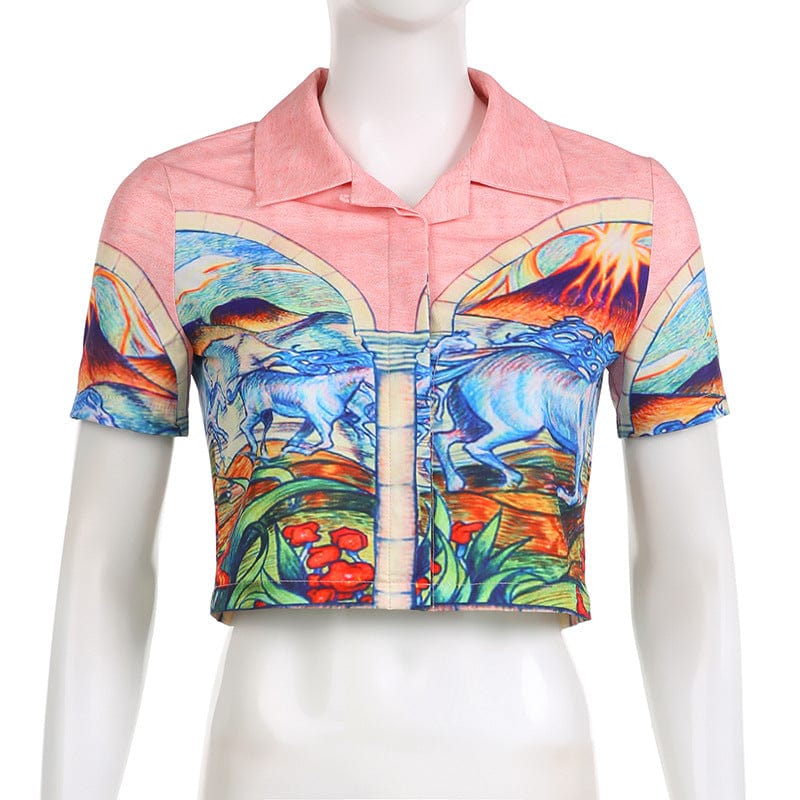 S / Pink New Product Ideas 2023 Turn down Collar T-shirts Women Printed Polo Shirt Summer Vacation Beach Crop Tops