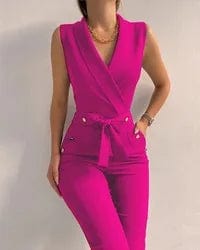 S / Pink New women's office workwear ins business style solid V neck ladies strappy sleeveless romsuit women jumpsuits
