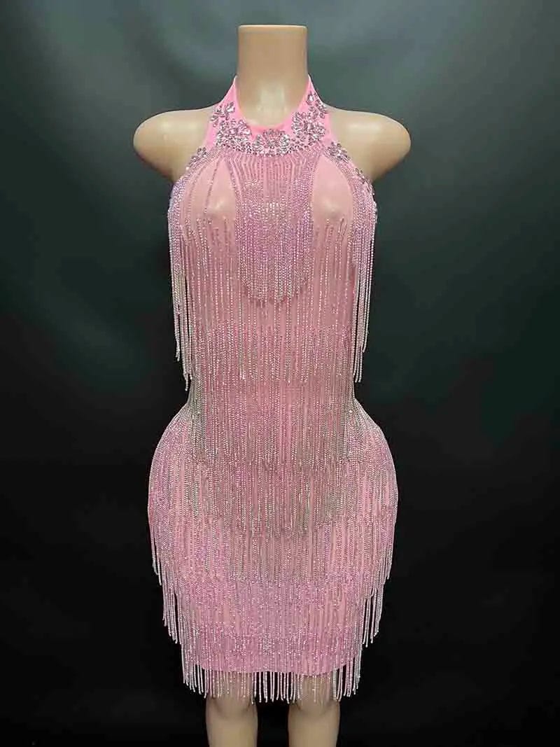 S / Pink Novance Y2336 hot sale 2024 mini gold dresses women party sexy high neck luxury designer clothes for women with tassel