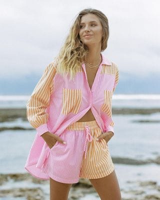S / Pink orange Casual Women Summer Beach Tracksuit Shorts Set Striped Blouse Shirt Tops And Mini Shorts Suit Two Piece Set Loungewear Coldker