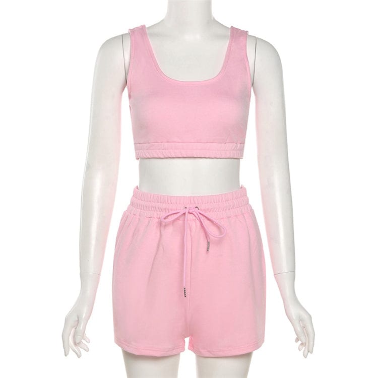 S / Pink OSINA Lowest Price Solid Color Custom Logo Crop Top Two Piece Set Women Clothing Shorts Womens Sweat Absorbing Sports Suit