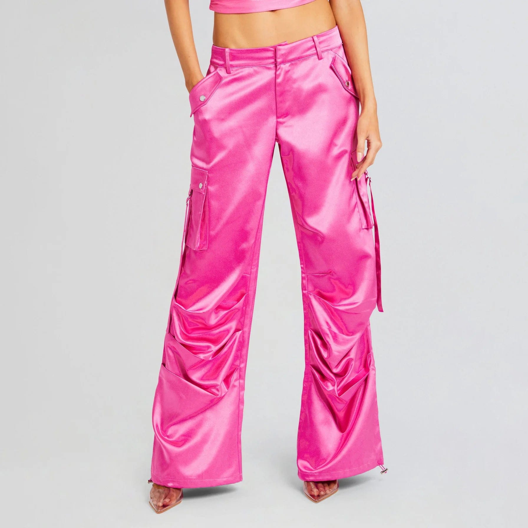 S / Pink OUDINA Hot Sale Style Pleated Low Waist Pants For Ladies Overall Pocket Splicing Straight Trousers For Women