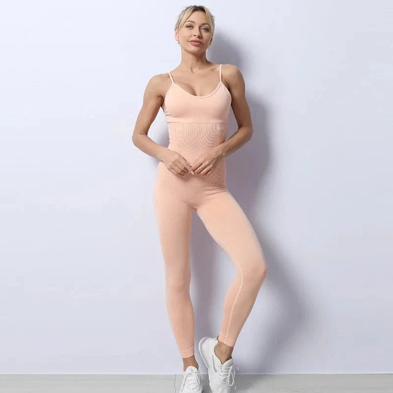 S / Pink Sexy Sling Design Outfit Fitness Yoga Active wear one piece yoga jumpsuit seamless bodycon for women
