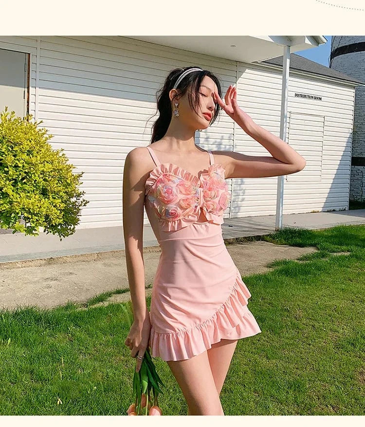 S / Pink Sexy Solid Slimming  Effect Floral Bud One-Piece Swimsuit with Conservative Skirt Design swimsuit skirt