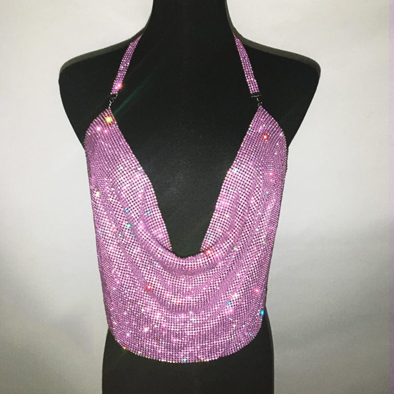 S / Pink SHIHAN 2023 New Sexy rhinestones top color chainmail diamond party crystal deep V crop top for fashion festival vest women