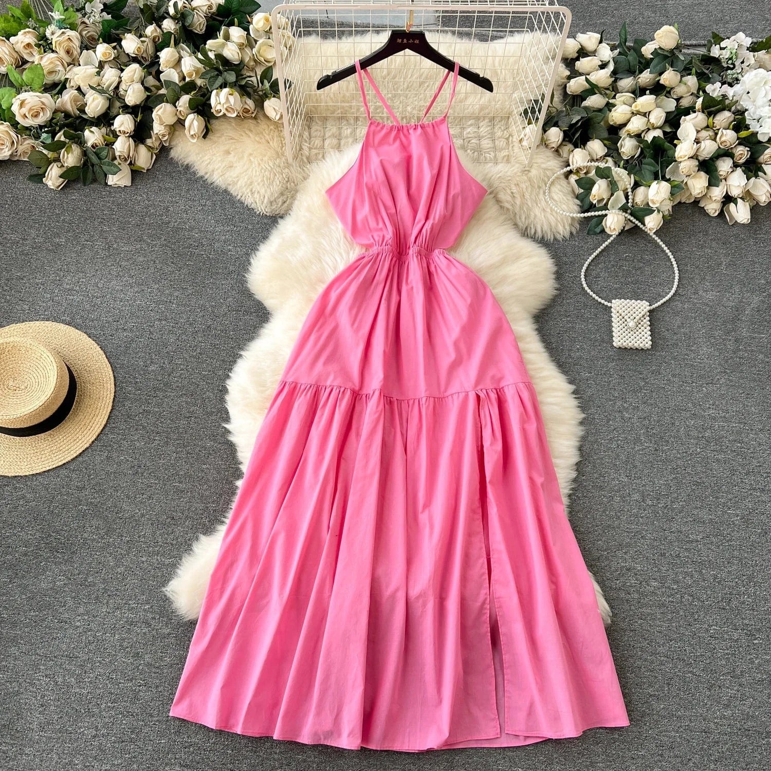 S / Pink Summer Beach Style Midi Dress For Women Sleeveless Hollow Out Backless Women's Fashion Dresses Clothes Women