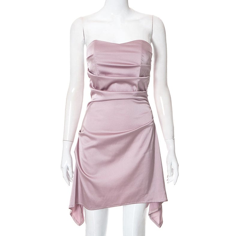 S / Pink Summer New Designs 2022 Pink Zip up Dress for Women Casual Ruched Bodycon Dress Strapless Corset Dresses