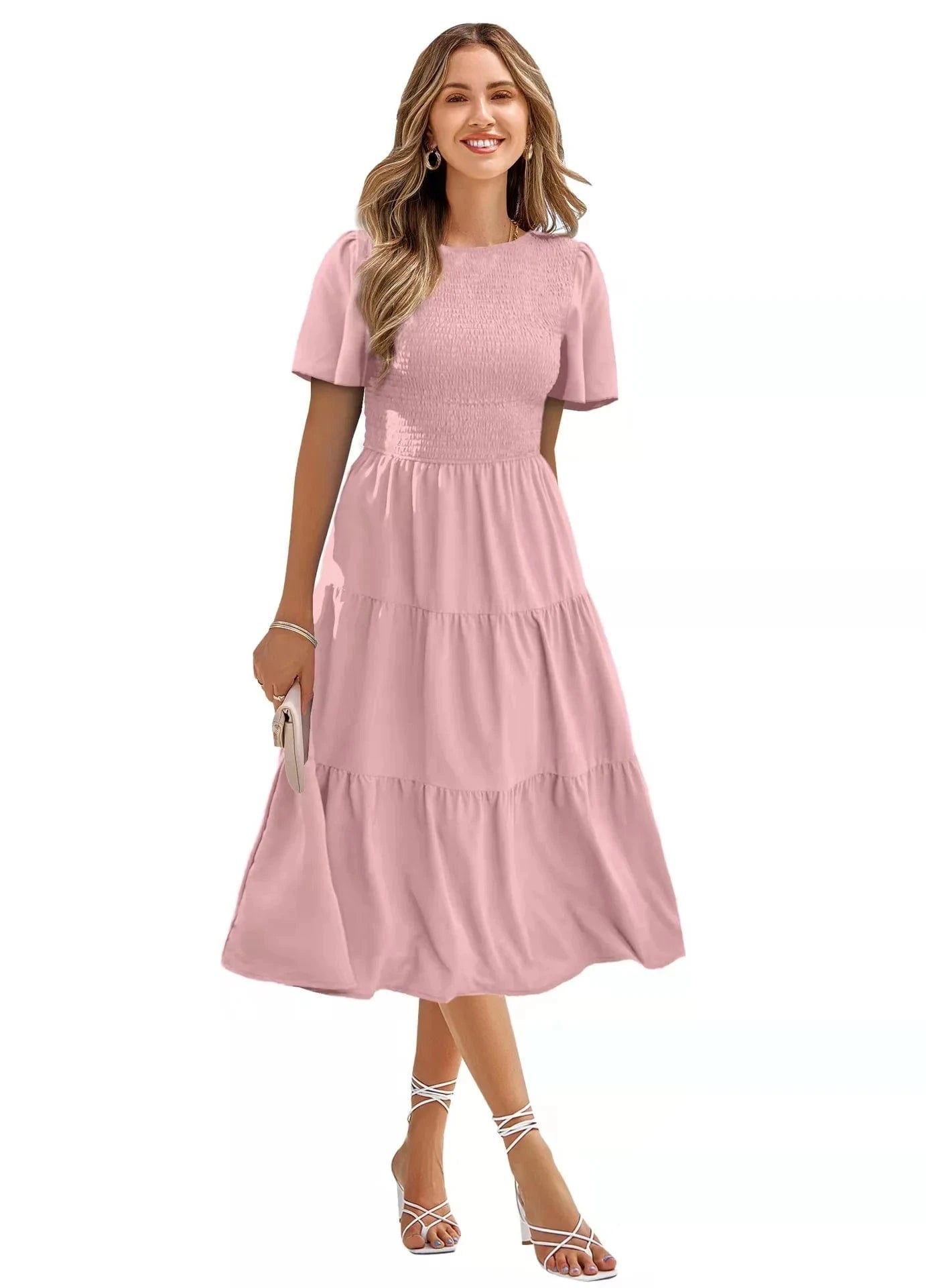 S / Pink Summer Wholesale Lady Elegant Casual Long Dresses Short Sleeve Round Collar Women's Beach Holiday Dress