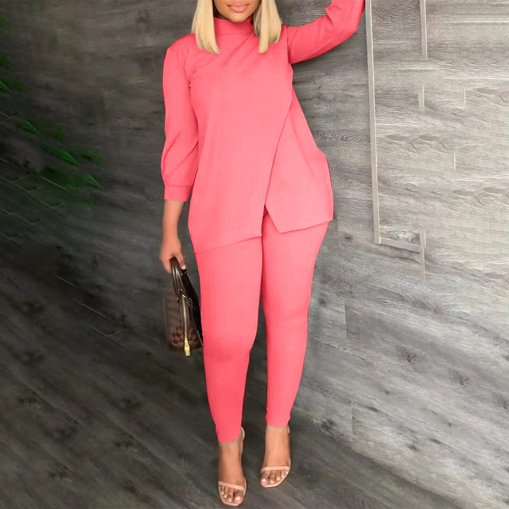 S / Pink Trendy Women Clothes Casual Daily Solid Slit Turtleneck Long Sleeve Two Pieces Matching Sets
