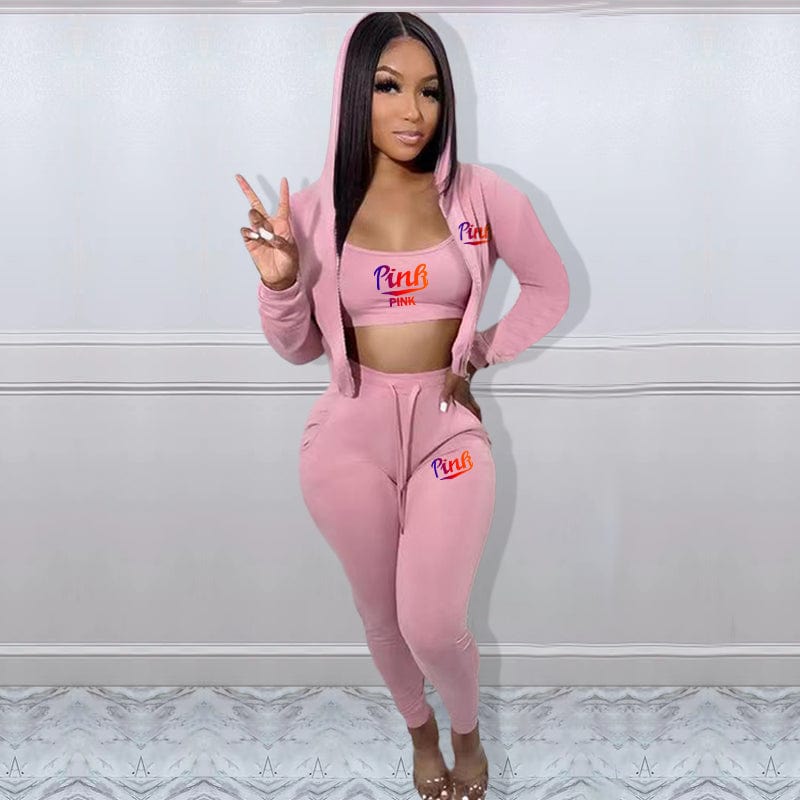 S / Pink Trendy Women Clothes Casual Print Gradient Patchwork Sweatsuit Hooded Collar Long Sleeve Three Pieces