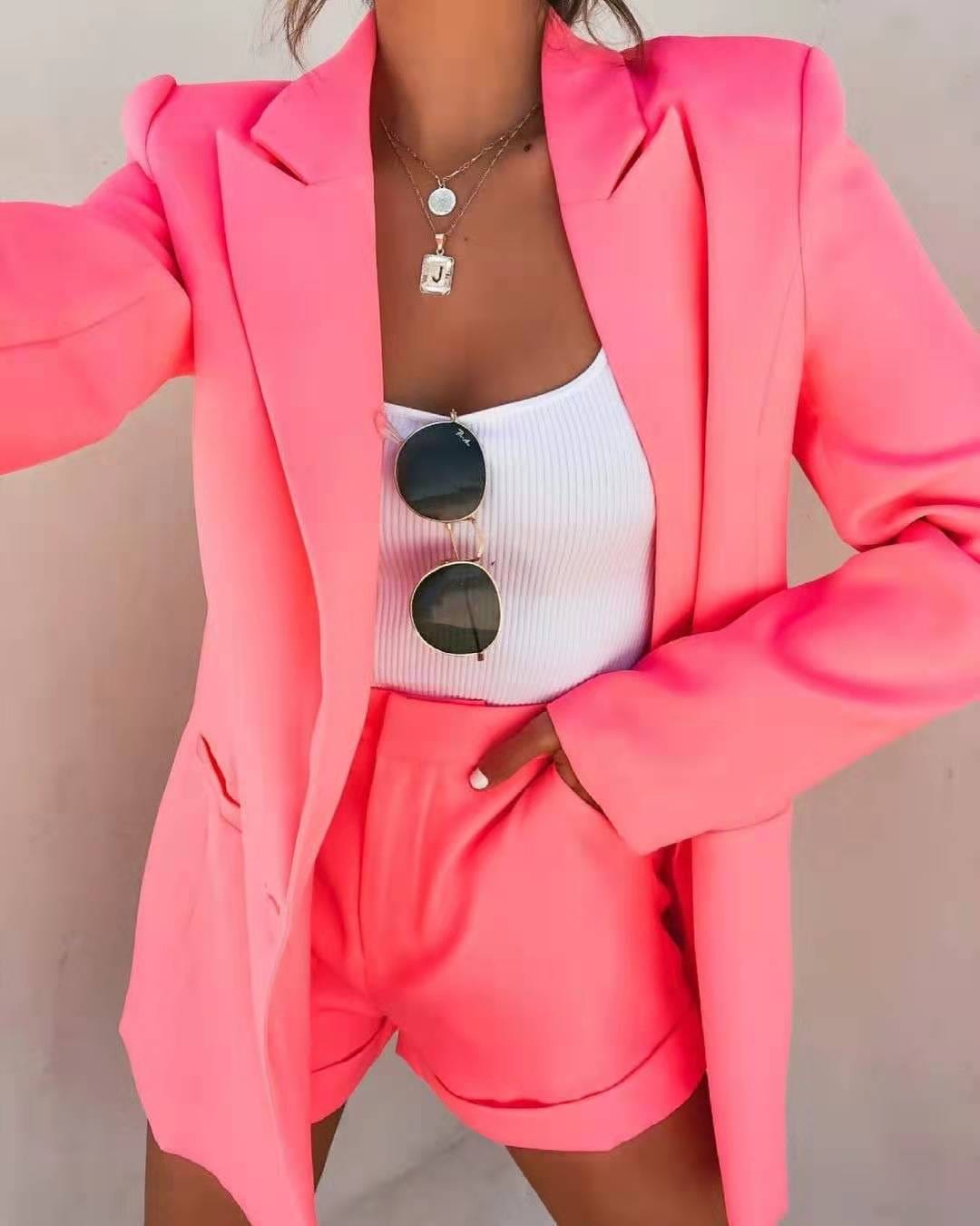 S / Pink Two Piece Blazer Suit Women Office Sets 2023 Fashion Shorts Solid Lady Casual Blazers Set Long Sleeve Cardigan Blazer Shorts Set