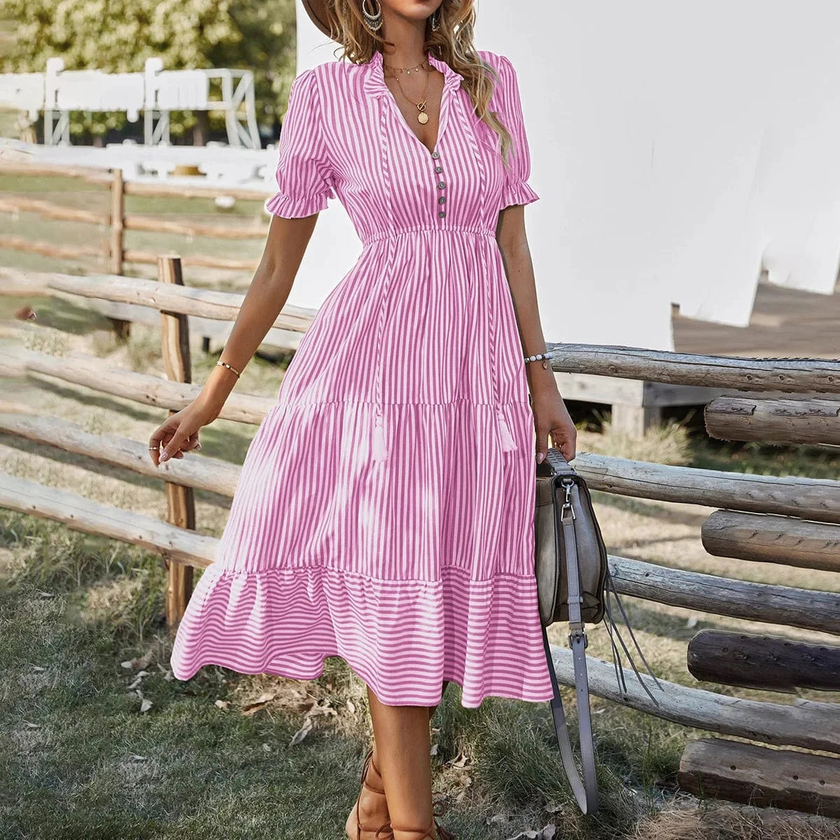 S / Pink Women's Summer Clothing 2023 New Hot Style Printed Fashion Loose Elegant Striped Short-Sleeved V-neck Dress