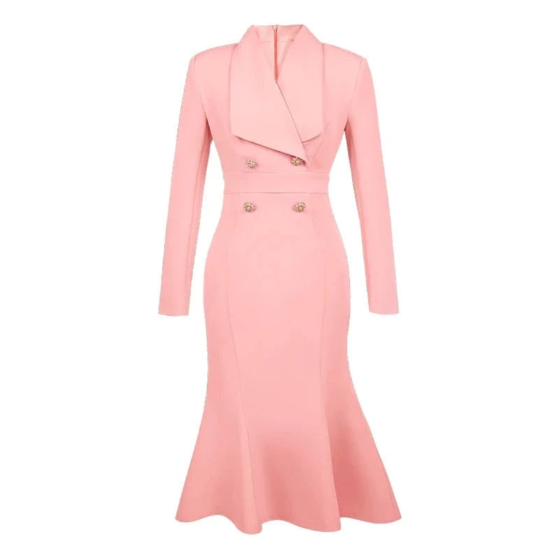 S / Pink ZYHT 50622 Pink Double Breasted Elegant Office Ladies Dress Big Lapel Slim Mermaid Business Blazer Dresses
