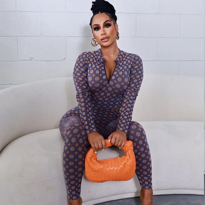 S / Purple 01 C0941 Spring 2023 New Fashion Irregular Print Long Sleeve Zipper Top Tight High Waist Two Piece Pants Set Women