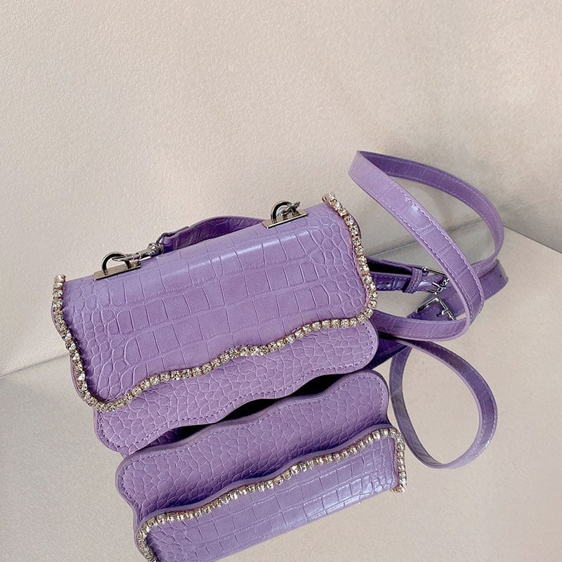 S / Purple 2022 Spring Summer New Arrival Women WAVY RUFFLED SASSY HANDBAG CROCODILE PURSE WITH RHINESTONE EDGE