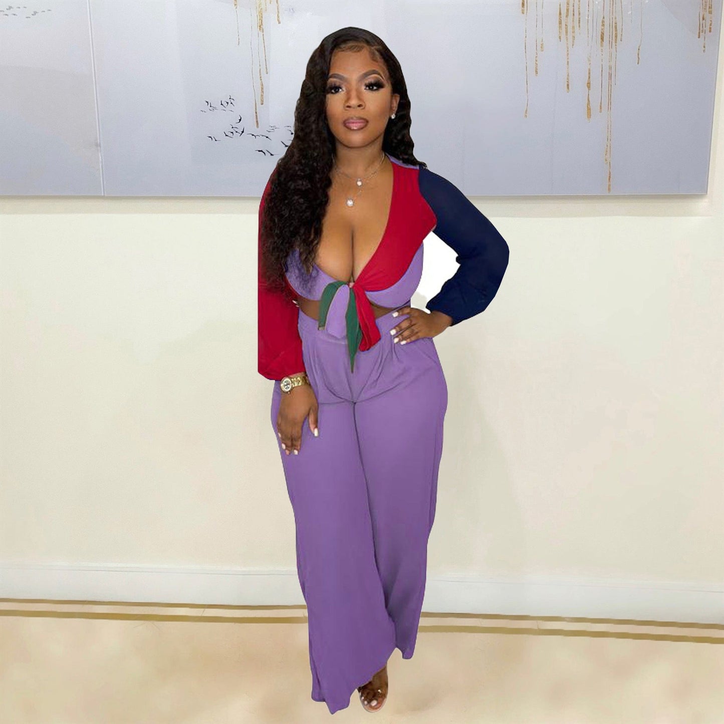 S / Purple 2023 Spring Women Clothes Casual Patchwork 2 Piece Set Long Sleeve  Wide Leg Pants Two Piece Sets for Women Clothing