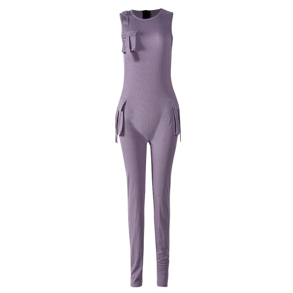 S / Purple 2024 Solid Crew Neck Sleeveless Jumpsuits Multi Cargo Pocket Stretchy Slim Fit One Piece Bodysuits For Women