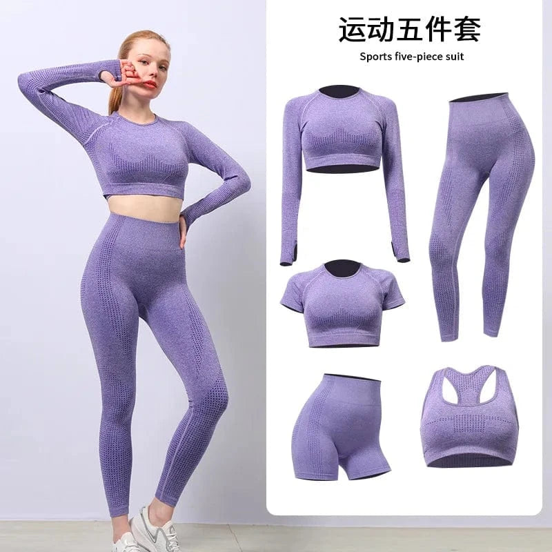 S / Purple 5 Piece Yoga sets Fitness Women Long Sleeve Crop Tank Top Outfit Bra Fitness Running Yoga legging short Active wear For women's