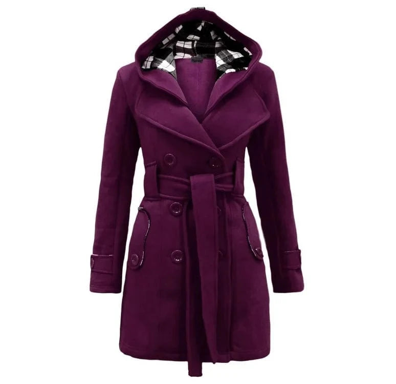 S / Purple Autumn Winter Woollen Long Sleeve Double Breasted Long Coat Women Plaid Hooded Jacket Fashion Slim Overcoat E8753