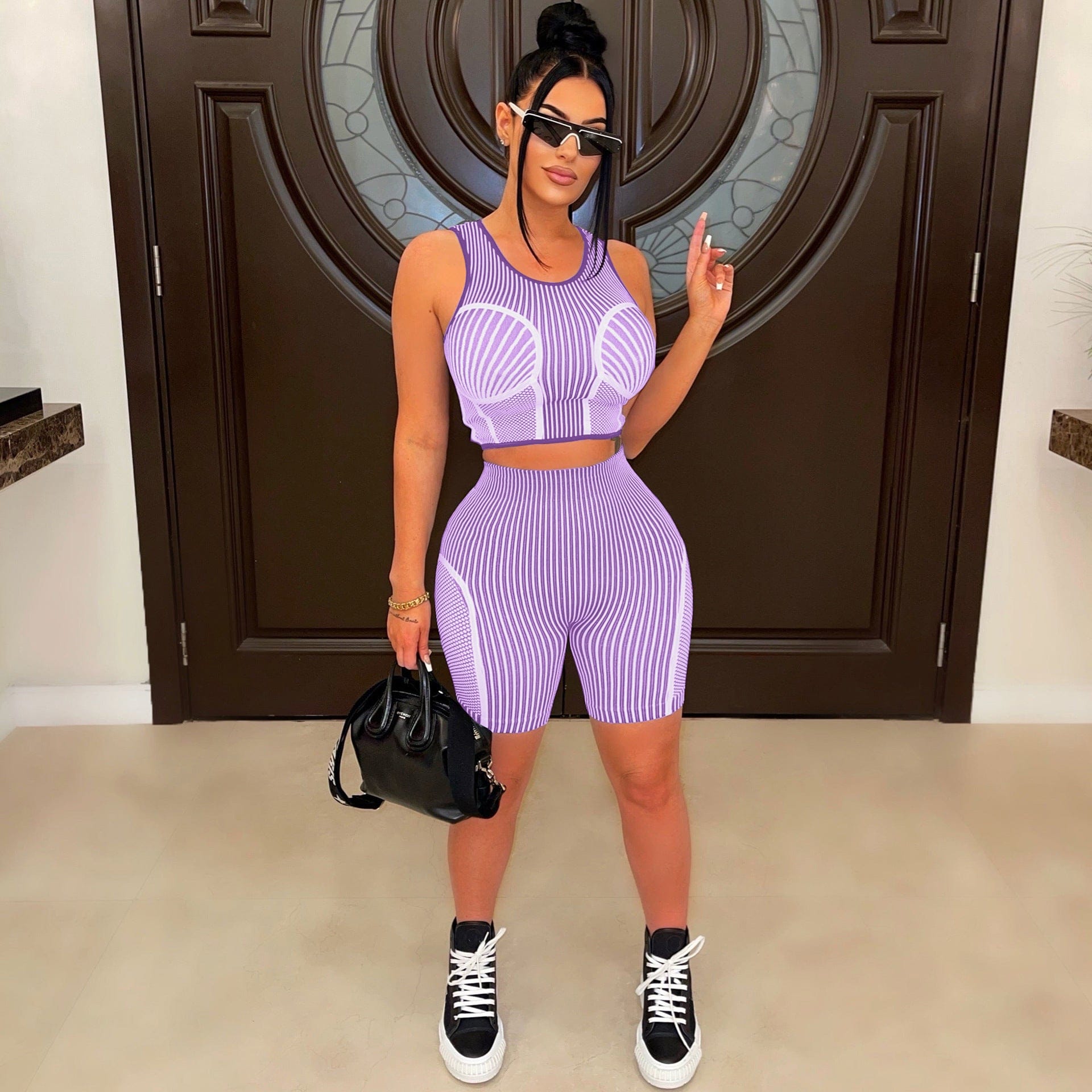 S / Purple BR3106  New fashion printed slim fit sports vest casual suit