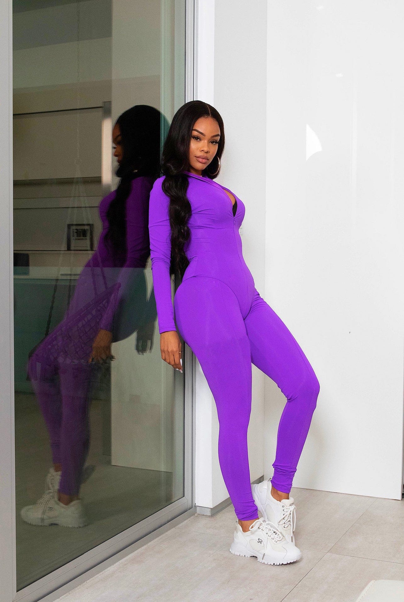 S / Purple C1103TA67 Latest Casual Solid Color Stand Collar Bodysuit High Waist Pants 2 Piece Set Women Sehe Fashion