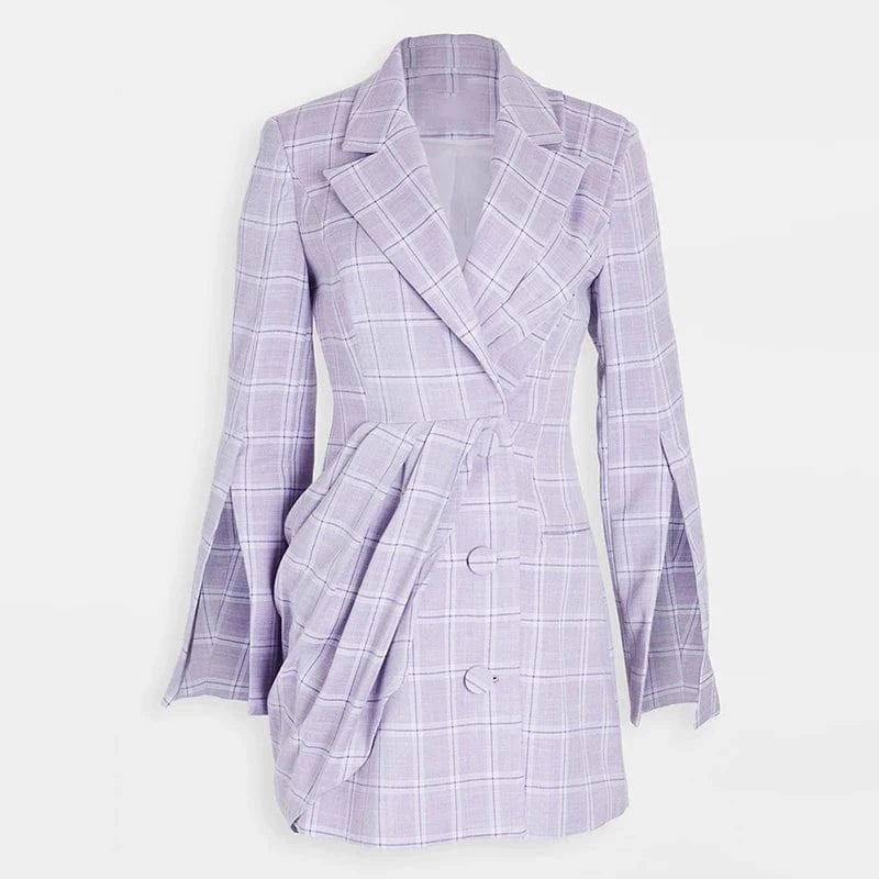 S / Purple CHICEVER Elegant Colorblock Plaid Patchwork Single Breasted Lady Dresses Women Blazer Dress