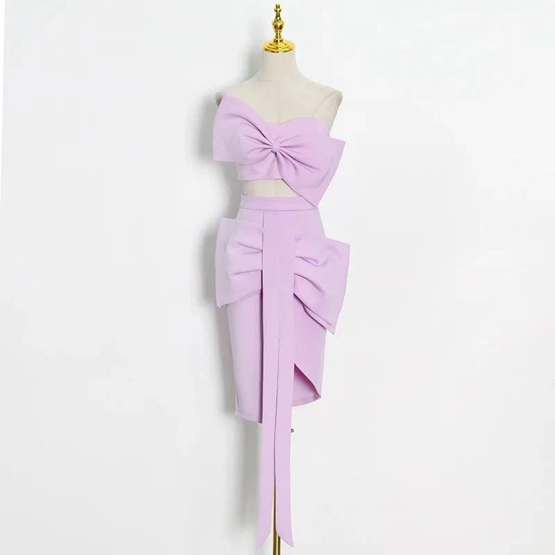 S / Purple CHICEVER High Quality Solid Color Patchwork Bowknot Top Strapless Women Two Piece Skirt Set