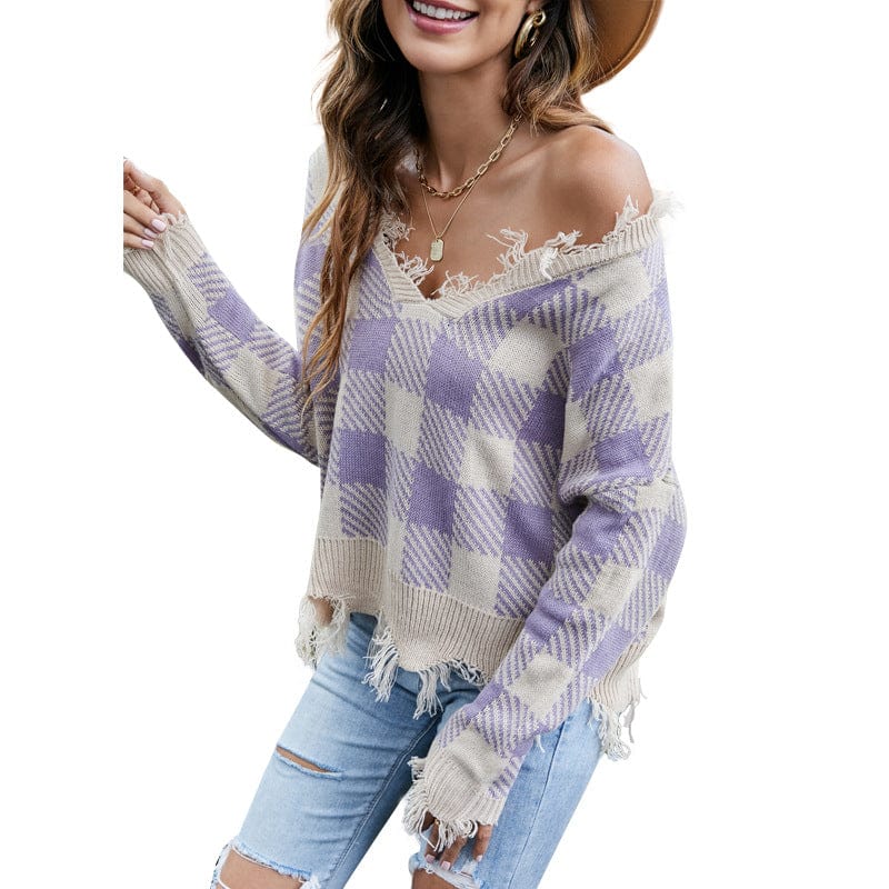 S / Purple Hot 2022 Sexy Off-The-Shoulder V-Neck Knitted Top Ripped Plaid Loose Sweater