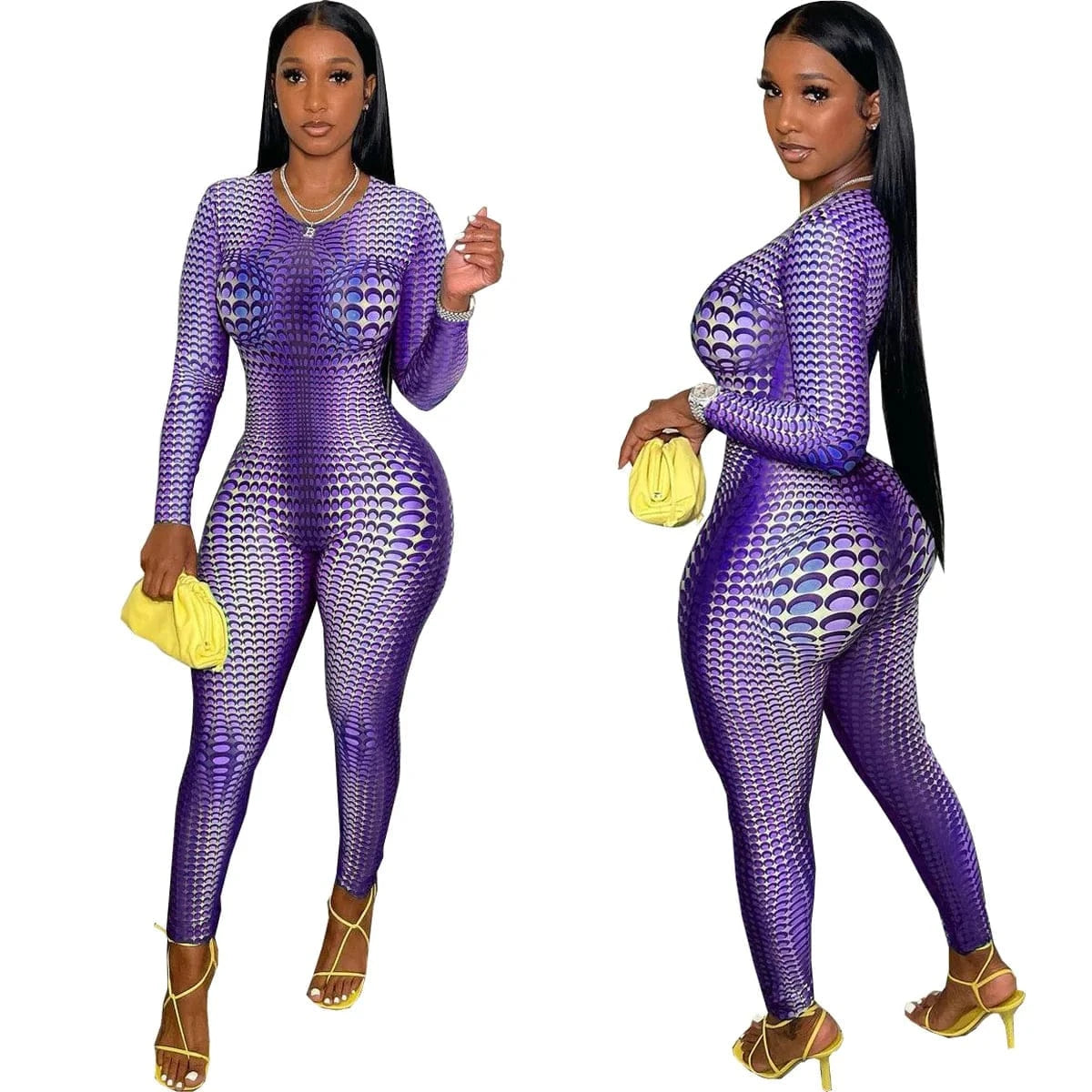 S / Purple Long Sleeve Fall Women Jumpsuit Bodysuits Fitted Slim Bodycon Print Jumpsuit Workout Women One Piece Sportswear Zip Jumpsuits