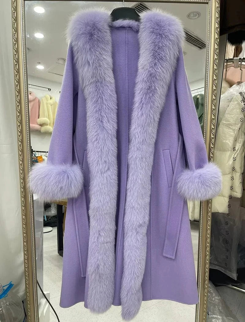 S / Purple Luxury Extra Women Long Wool Coat Real Fox Fur Collar Cuffs Cashmere Coat with Belt