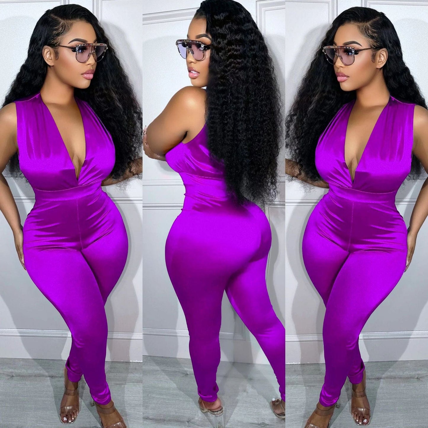 S / Purple New Summer 2023 women jumpsuit deep v-neck high waist sleeveless sexy jumpsuit for women solid color elegant women clothing