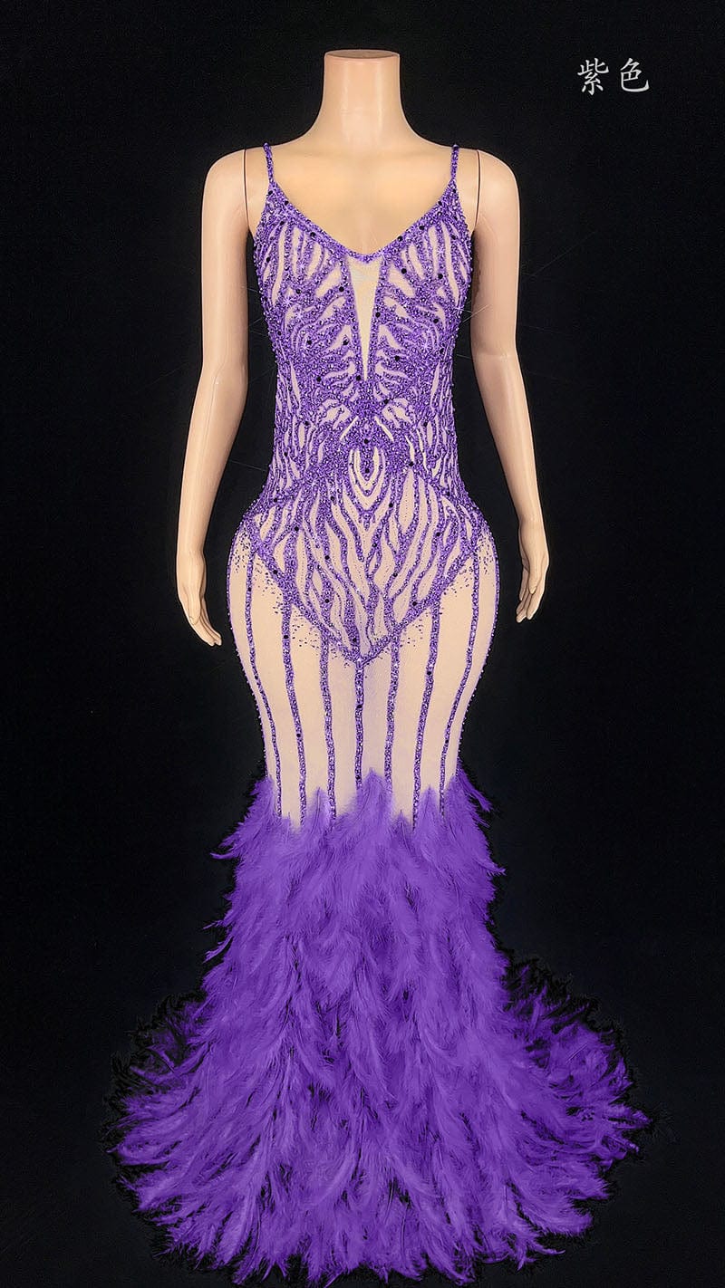 S / Purple NOVANCE evening dresses 2023 ball gown shiny diamonds gray feather dress with feathers vestidos elegantes para mujer for evening