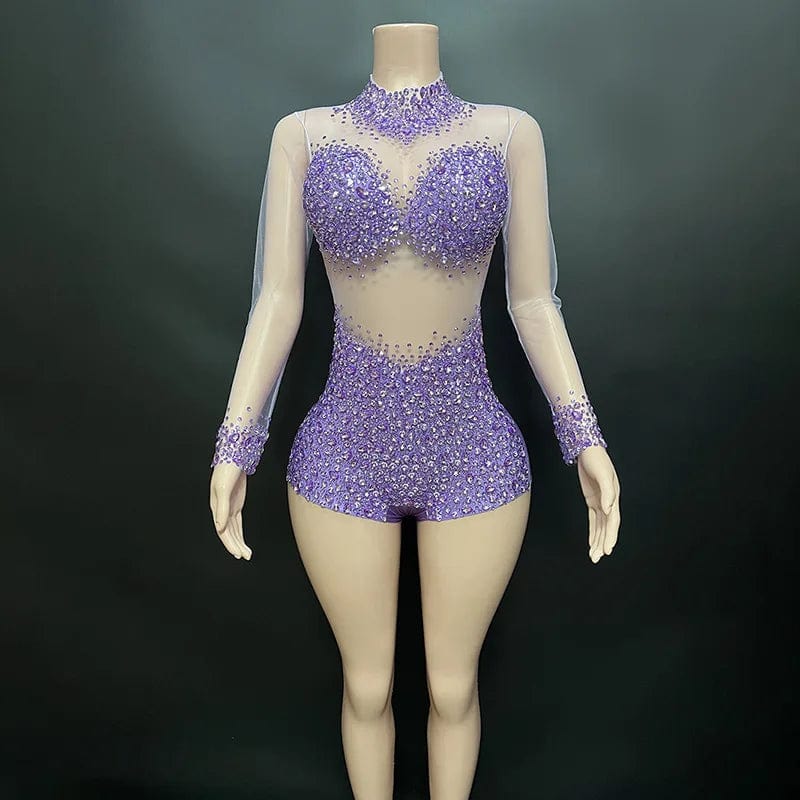 S / Purple Novance Y2113-JB Club Wear For Women 2023 Sexy Rhinestone Diamond Mesh Bodysuit Club Costume Rompers Women Jumpsuit