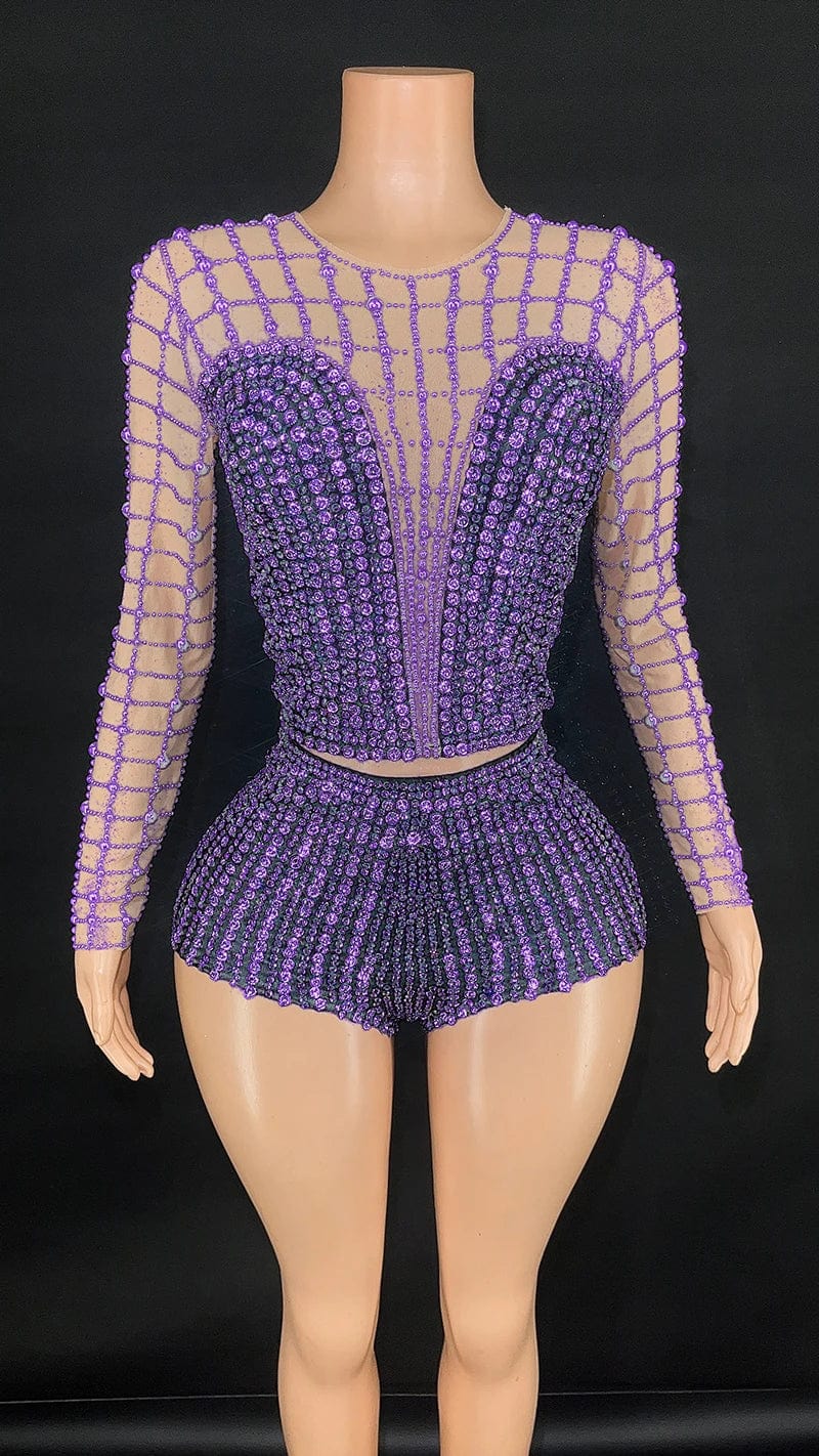 S / Purple Novance Y3423 New Fashion Clothes for Women  Sexy Bodycon Lady Elegant Party Evening Women's Long Sleeve Tops with Crystal Beads