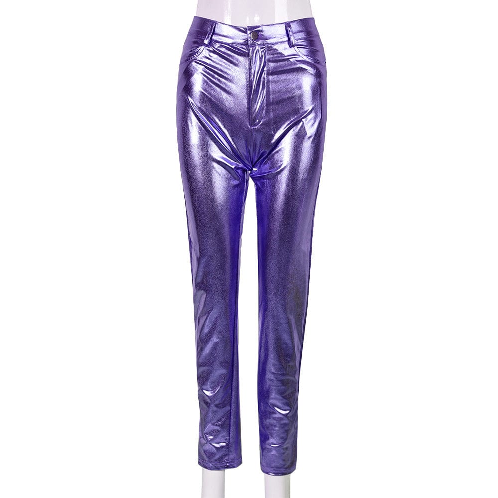 S / Purple OUDINA Fashion Slim Fit Solid  Color Trousers PU Women's Pants & Trousers Shiny Leggings For Women