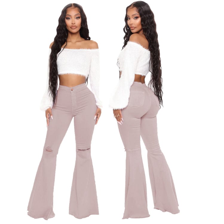 S / Purple Plus Size Jeans Woman High Waist 2023 New Denim Trousers Water Wash Versatile Women's Denim Flare Pants Lady Bell Bottom Jeans