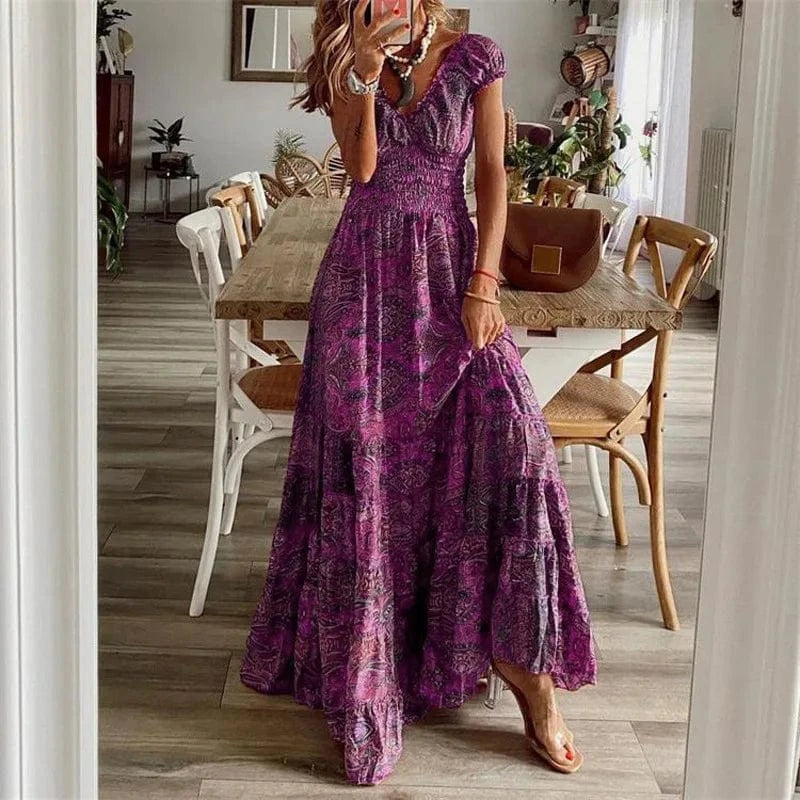 S / Purple S-3XL Bohemian style new dress long skirt with waist cinched floral print large hem dress