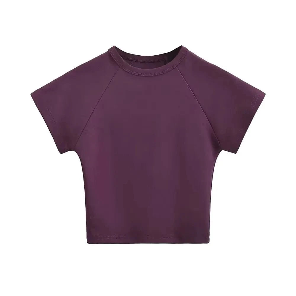 S / Purple T shirt Manufacture Crop Bady Tee Custom logo Cute crew neck raglan seam short sleeve crop t shirts for women