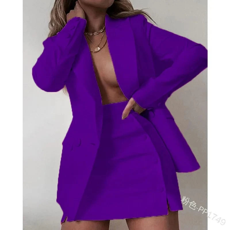 S / Purple Two Piece Skirt Set Ladies Office Business Blazers Suits Set Women Casual Solid Oversized Blazer