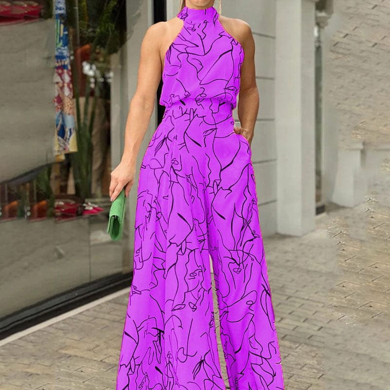 S / Purple women bodysuit temperament elegant cinched waist strappy sleeveless halterneck wide leg pants ladies printed one piece jumpsuits