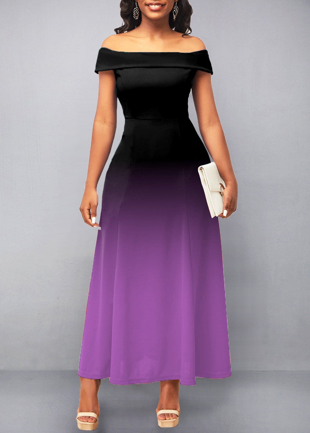 S / Purple Womens Dresses 2022 Summer Fashion Gradient Color Off Shoulder Tube Top Pleated Maxi Dresses