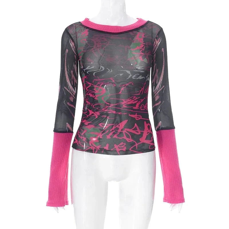 S / Q22TP540 rose red / Spandex / Polyester Cutenova Q22TP540 Fashion Letter  Patchwork Women'S Chic Top  Mesh Top For Women Long Sleeve T Shirt