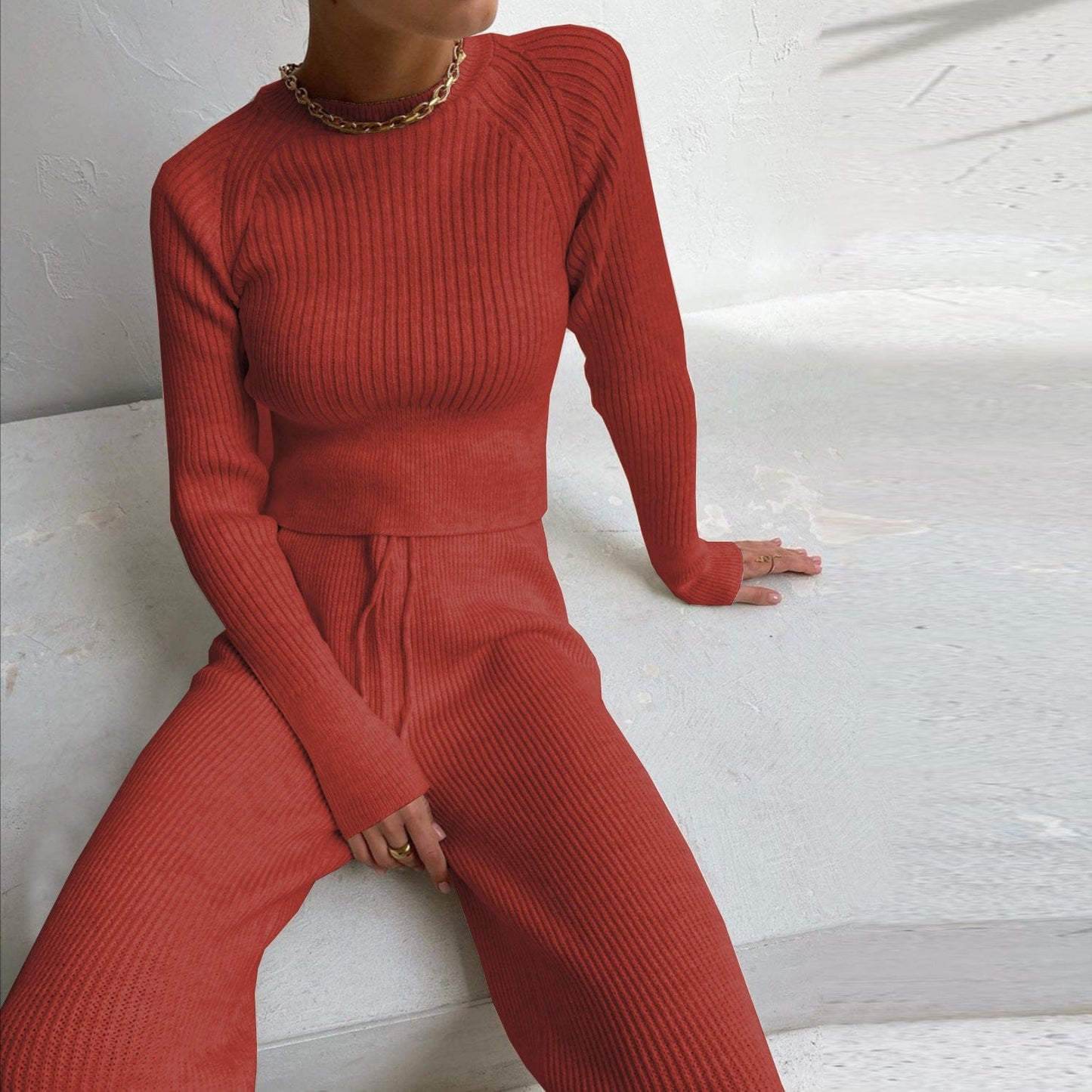S / Red 2022 casual fashion women's solid color cardigan long-sleeved knitted trousers sweater two-piece suit