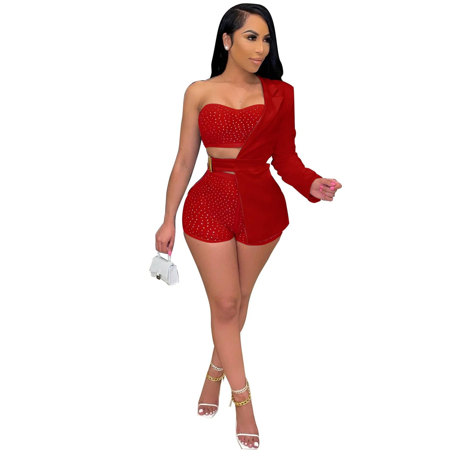 S / Red 2022 Women 3 Piece Set Sexy Irregular Mesh Rhinestone Crop Top And Short One Side Lapel Long Sleeve Belt Solid Color Blazer Set