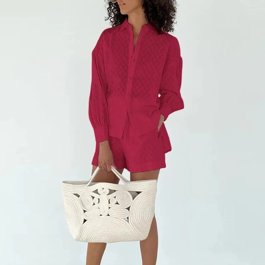 S / Red 2023 Summer women's shirt Jacquard bubble sleeve Temperament shirt shorts Commuting design Casual suit