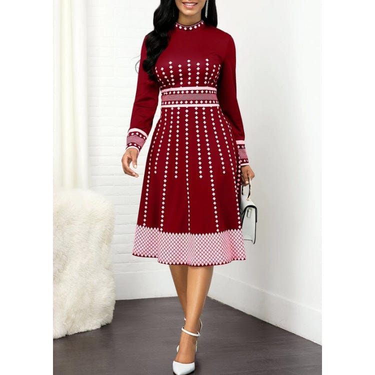 S / Red 2023 Women's temperament polka dot printed long sleeve retro hip-wrapped A-line large swing slim midi dress