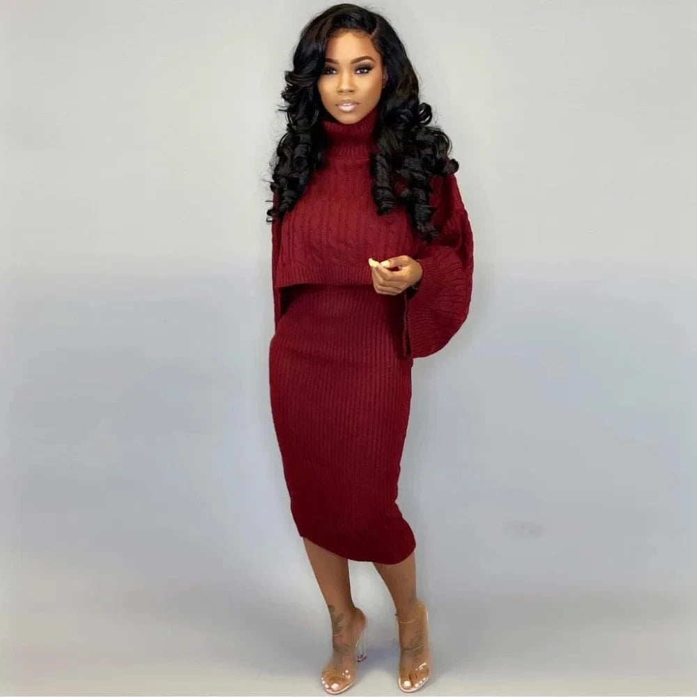 S / Red 2024 Best-Selling Women Autumn and Winter Sweater Set Long Sleeve High-Neck Solid Color Knee Length Dress