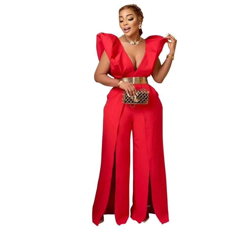 S / Red 2024 luxury formal women puff shoulder deep v neck backless sexy long evening dinner gown woman romper jumpsuit dress for women