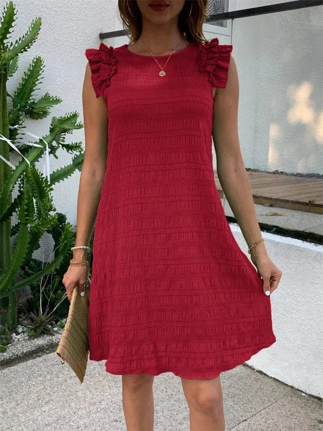 S / Red 2024 Summer New Solid Color Auricular Edge Fashion Casual Art Sleeveless Dress Women's Mid length Dress